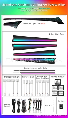 Suitable for Toyota Hilux car interior ambient lighting with 64-color dynamic light effects (Panel (Dashboard) işıqlandırması) - hilux-ambient-lighting-set-1-toyota