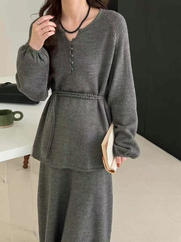 时尚休闲针织套装女2025秋冬新款收腰系带圆领上衣+半身裙两件套|undefined