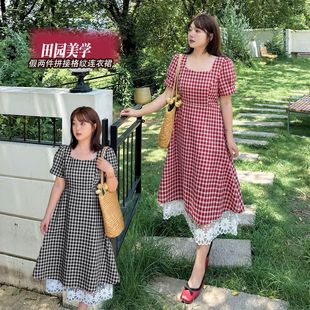 K3113 Plus Size Women's French Square Collar Sweet Style Lace Plaid Dress Women's Summer Fat mm Long Dress