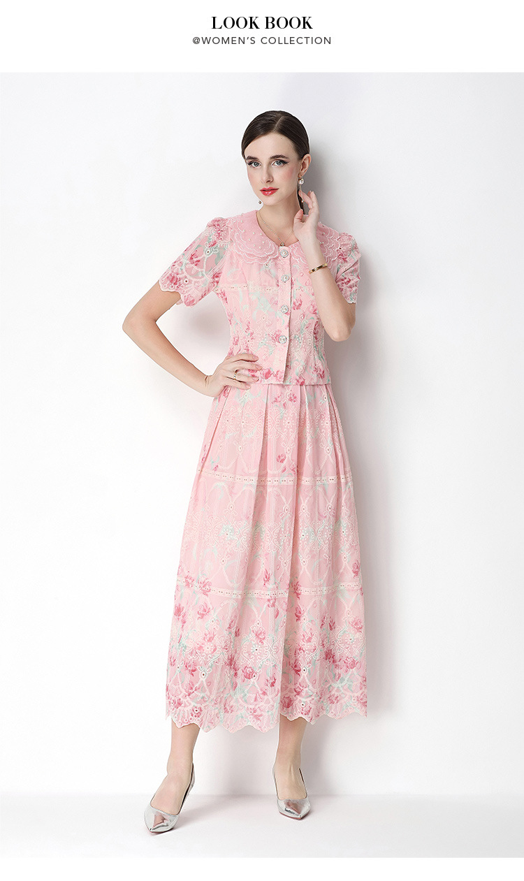 Set váy hai mảnh mùa hè cổ búp bê ren hoa tay ngắn + chân váy xếp ly cạp cao — Xanh lá cây nhạtcolor, Màu hồng, màu mơ chi tiết 52
