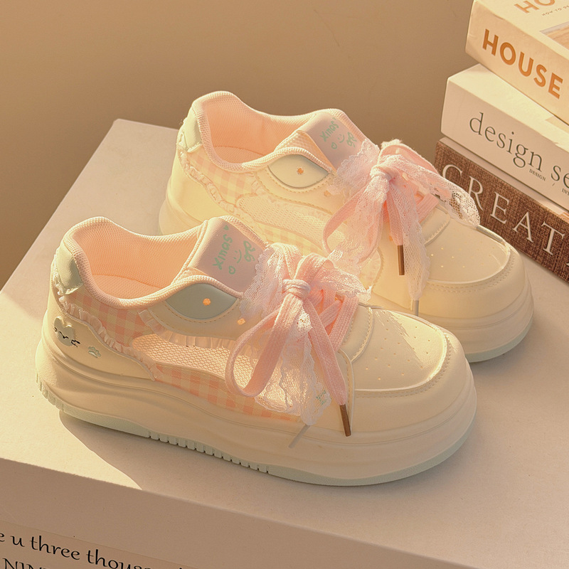 2026 Spring New Lace Bow Sneakers for Girls, Height-Increasing White Shoes, Belle Beb3305, One-Piece Dropshipping