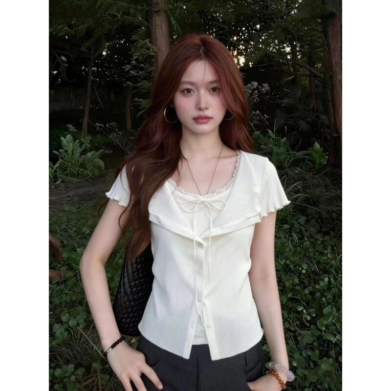 Pure White U-Neck Tie-Front Short-Sleeve T-Shirt for Women, Summer New Style with Ruffled Edges, Waist-Cinching, Slimming, Faux Two-Piece Top