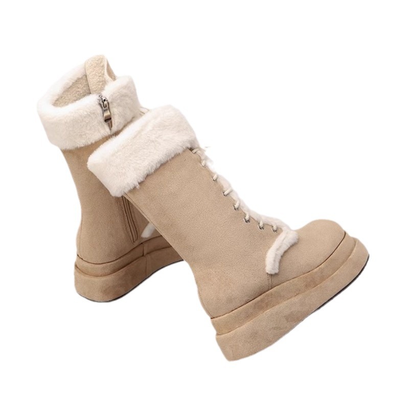 2024 nouvelles bottes de neige à semelles épaisses en fourrure mi-tube hiver fourrure intégrée en peluche épaisse chaussures en coton rehaussant la hauteur_voghion.com