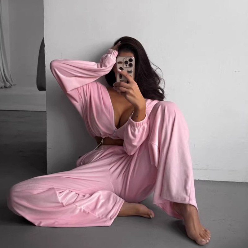European and American Cross-Border Women's Fashion Sexy Set, Solid Color Long-Sleeve Zip-Up Short Cardigan, Drawstring Wide-Leg Pants, Velvet Two-Piece Set European and American Cross-Border Women's Fashion Sexy Set, Solid Color Long-Sleeve Zip-Up Short Cardigan, Drawstring Wide-Leg Pants, Velvet Two-Piece Set