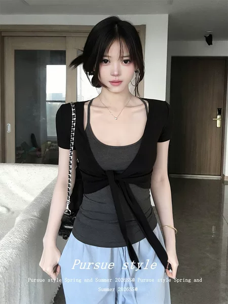 American-Style Spicy Girl Two-Piece Set for Women, Summer Lace-Up Short-Sleeve Cardigan Paired with Halter Neck Camisole, Pure and Alluring Style Top, Trendy