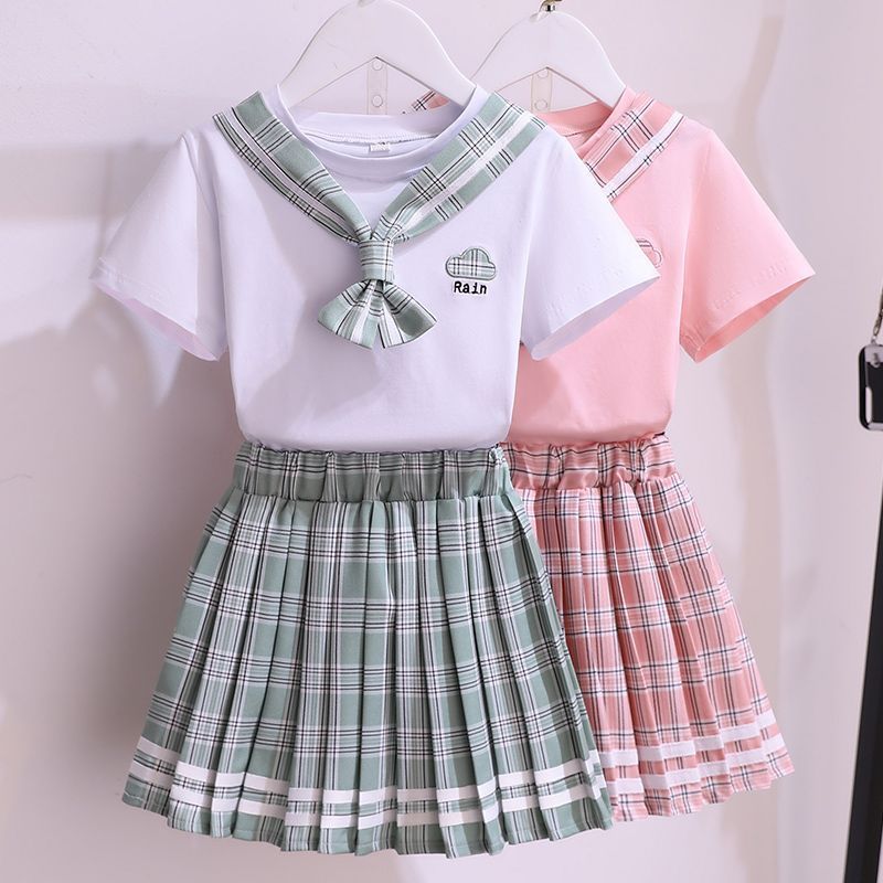 Sailor Top & Plaid Skirt Set for Girls Green Pink