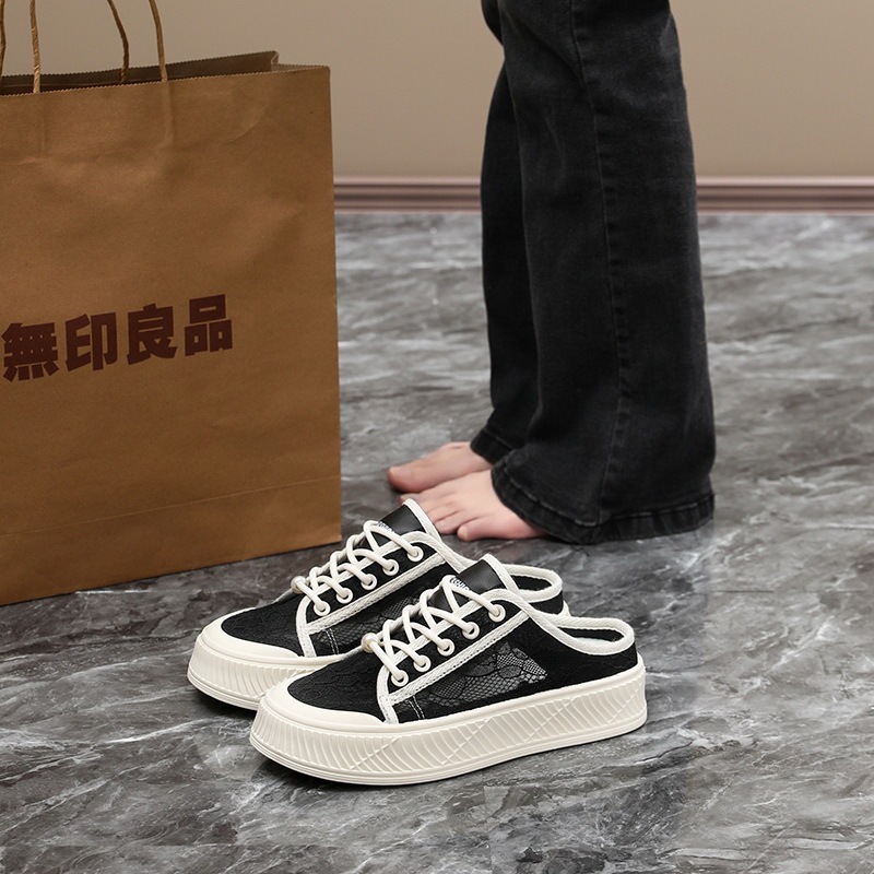 Designer 2025 Summer Large Size Mesh Half-Cup Sports Shoes Women's Fly Knitted Casual Solid Running Shoes Versatile Sandals