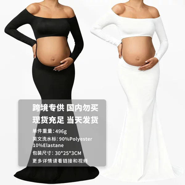 European and American Cross-Border 2026 Studio Photo Shoot One-Shoulder Floor-Length Sexy Slim-Fit Fashionable Solid Color Long-Sleeve Belly-Revealing Maternity Dress