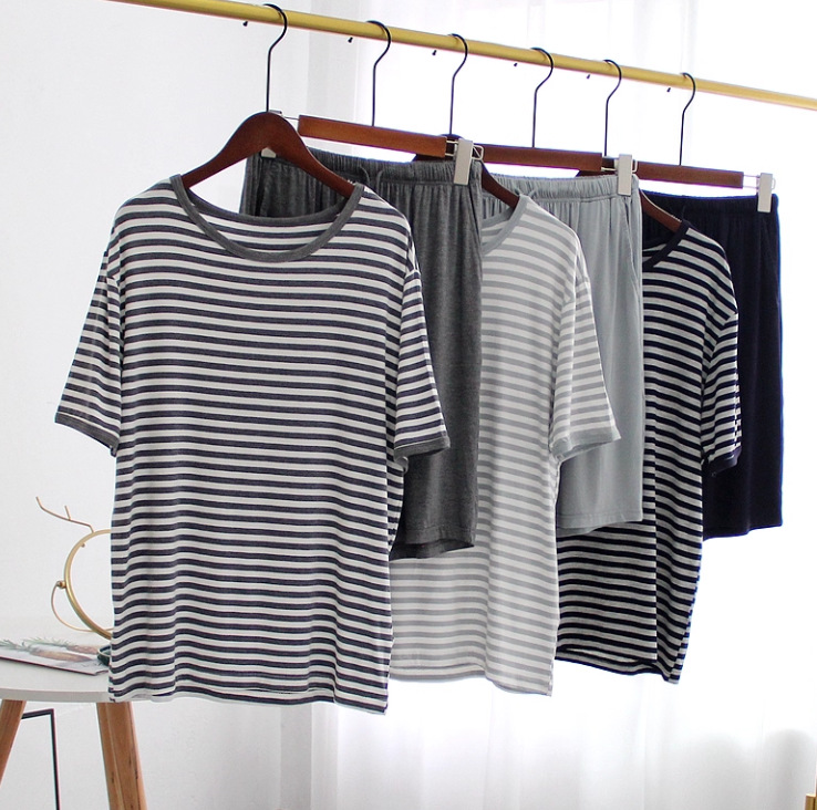 Modal Pajamas Men's Short-Sleeved Shorts Round Neck Striped Home Clothes Suit Summer Thin Casual Sports Can Be Worn Outside