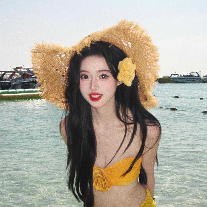 中空ラフィア帽子女性の夏フレンチスタイル中空大きなつば日焼け防止帽子海辺の写真休暇ビーチ帽子|undefined