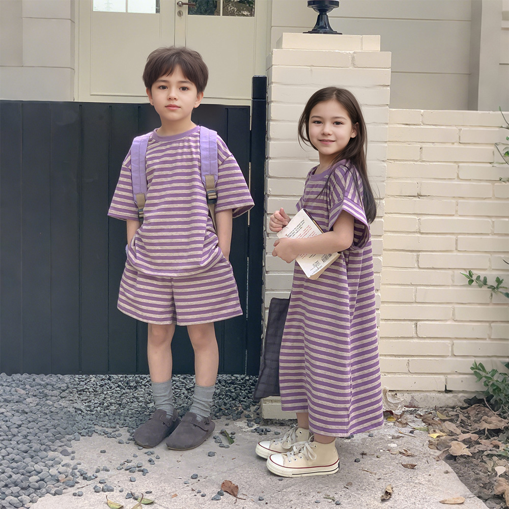 Children's Sibling Outfits, New Summer Style Girls' Dresses, Personalized Striped Boys' Short-Sleeved Shorts Two-Piece Set