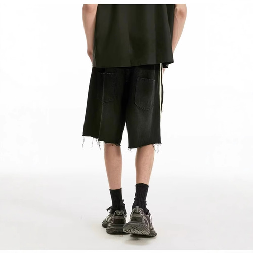 American-style ripped denim shorts for men, thin, student-friendly, street-style versatile, loose, washed, straight-leg, five-pocket sporty casual brand pants.