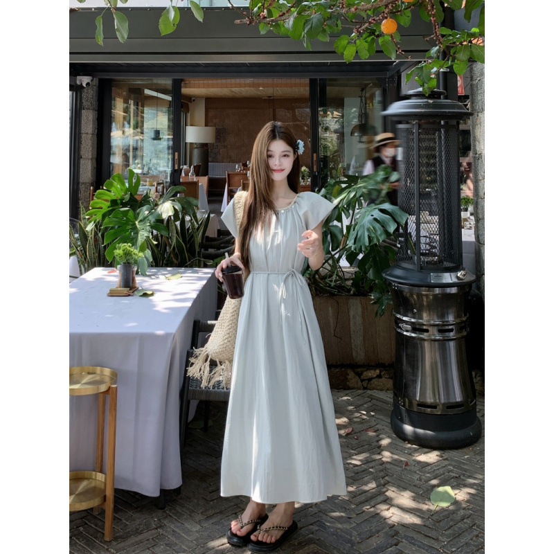 Real Shot of Spring and Summer New Holiday Style Beaded Collar Backless Waist Tie Slim Dress Elegant Long Skirt
