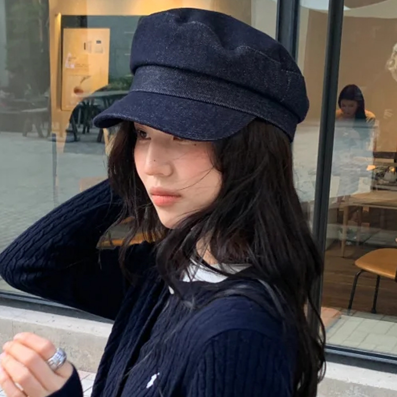 版型超正！复古深色牛仔平角帽子休闲百搭英伦气质显脸小海军帽新|undefined