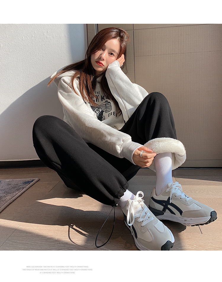 Super thick lambskin wide-leg pants, grey outerwear, thickened winter sports pants, drawstring cuffs, fleece sweatpants for women pic 22