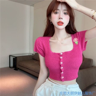 显瘦方领短袖针织T恤女夏季设计感纯欲风气质名媛修身短款上衣