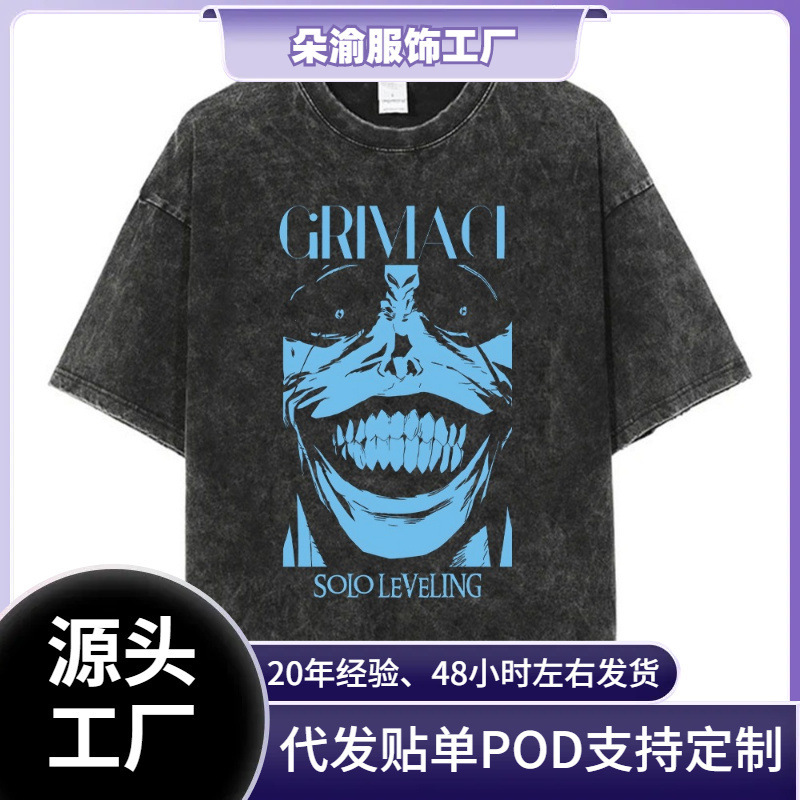 Cross Border AliExpress Anime Solo Level T-Shirt, Men's Gym Retro Heavyweight T-Shirt Cotton Forged