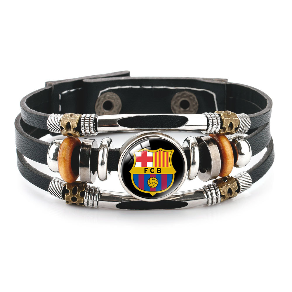 European football club badge cowhide bracelet men and women universal multi-layer beaded bracelet leather fan jewelry
