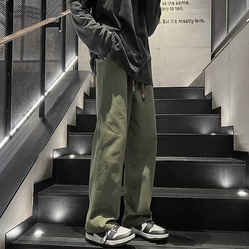 Vintage khaki men's spring autumn oversize Japanese casual drop-in leisure work pants straight leg loose wide-leg