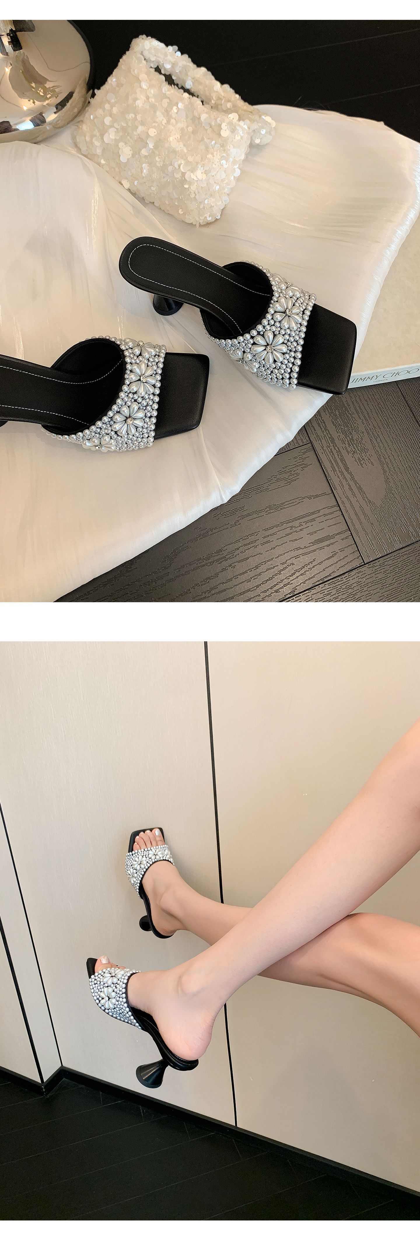 Sandal cao gót nữ quai ngang mũi vuông đính đá pha lê handmade — màu đen, màu trắng chi tiết 12