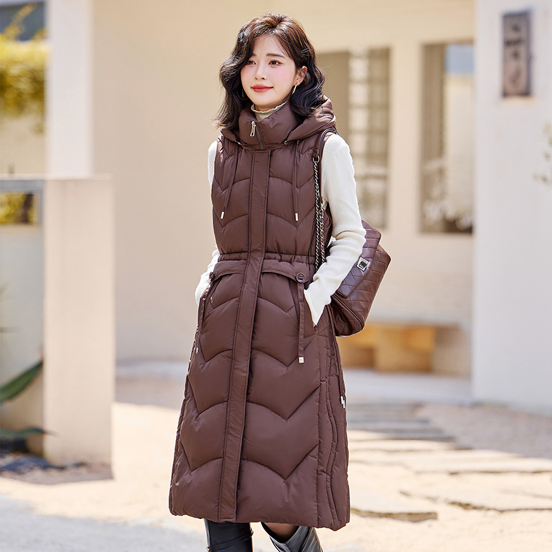Otoño y invierno 2025 nuevo chaleco de algodón de pluma para mujeres medianas y largas delgadas cintura delgada de moda de algodón abrazadera de hombro chaqueta