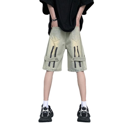 American-style cowboy shorts for men, Western and European high street vibe pants, trendy brand, wear-resistant work pants, oversized knee-length five-pocket pants