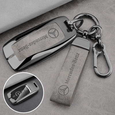 Mercedes-Benz Key Cover Metal Protective Car key bag - 1-gunmetal-gray-leather-full-coverage-ring-leather-buckle