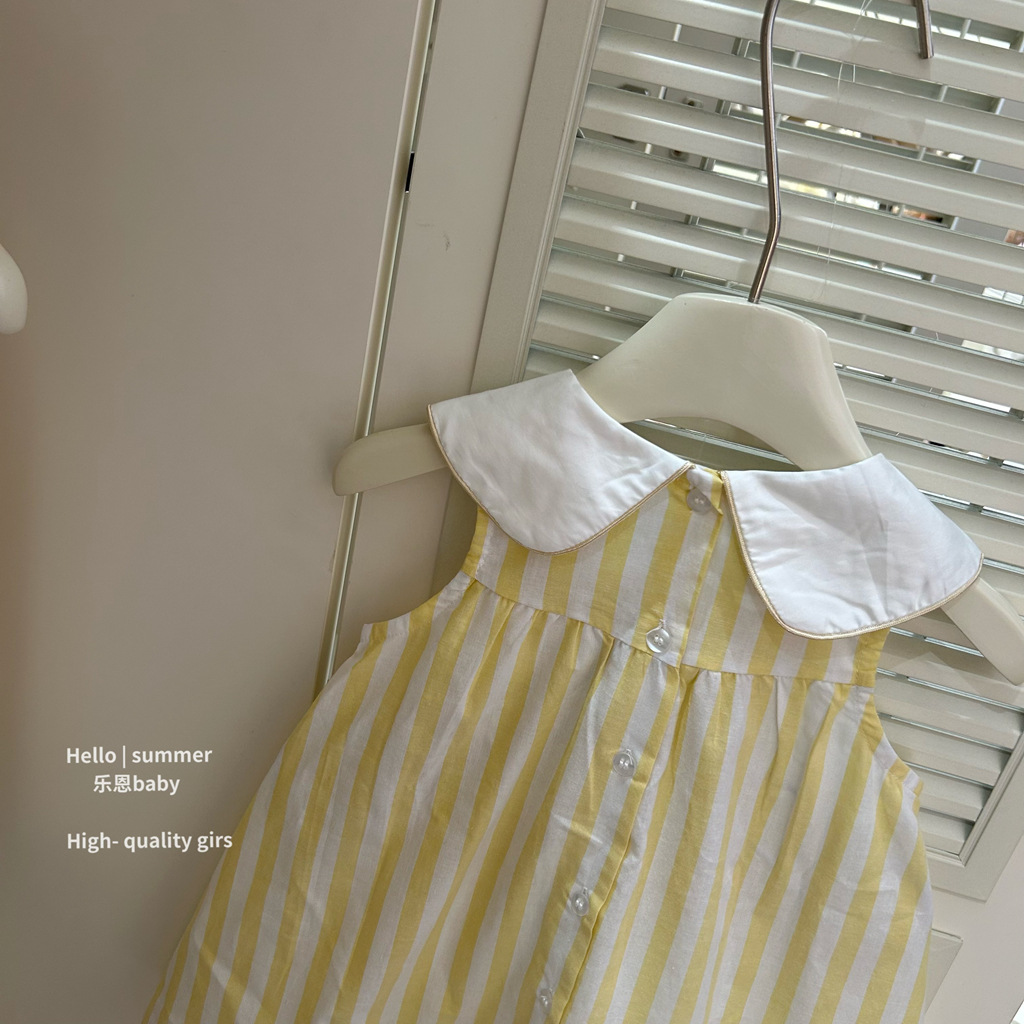 [Lenbaby] 25 verano niñas falda rayada amarilla estilo extranjero sin mangas vestido de cuello chaleco conjunto de falda