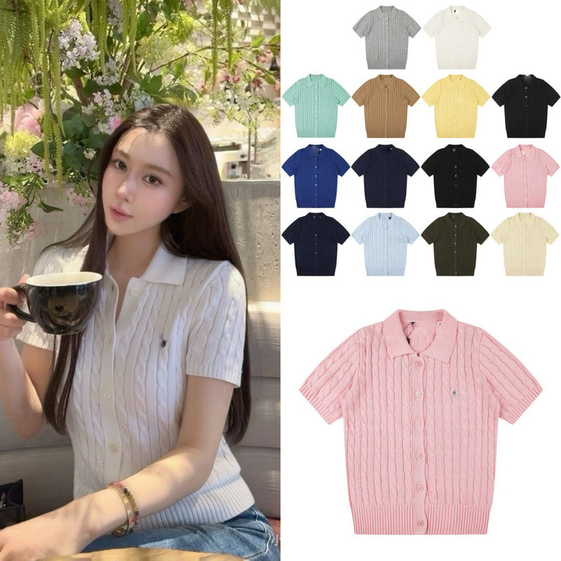 Ralph Lauren Logo Polo Lapel Solid Color Cable Knit Short-Sleeve Cardigan Classic Versatile Women's Slim-Fit Top Ralph Lauren Logo Polo Lapel Solid Color Cable Knit Short-Sleeve Cardigan Classic Versatile Women's Slim-Fit Top