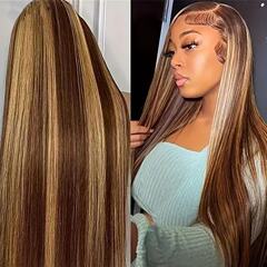 クロスボーダー AliExpress 新製品レースフロントロングストレートヘアファッションピアノカラーハイライトウィッグヨーロッパとアメリカの女性用ヘッドギア本物の髪
