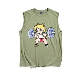 Sailor Moon Weightlifting Summer Round Neck Sports Fitness Vest Thin Quick-Drying Loose Large Size Sleeveless T-Shirt for Men 1