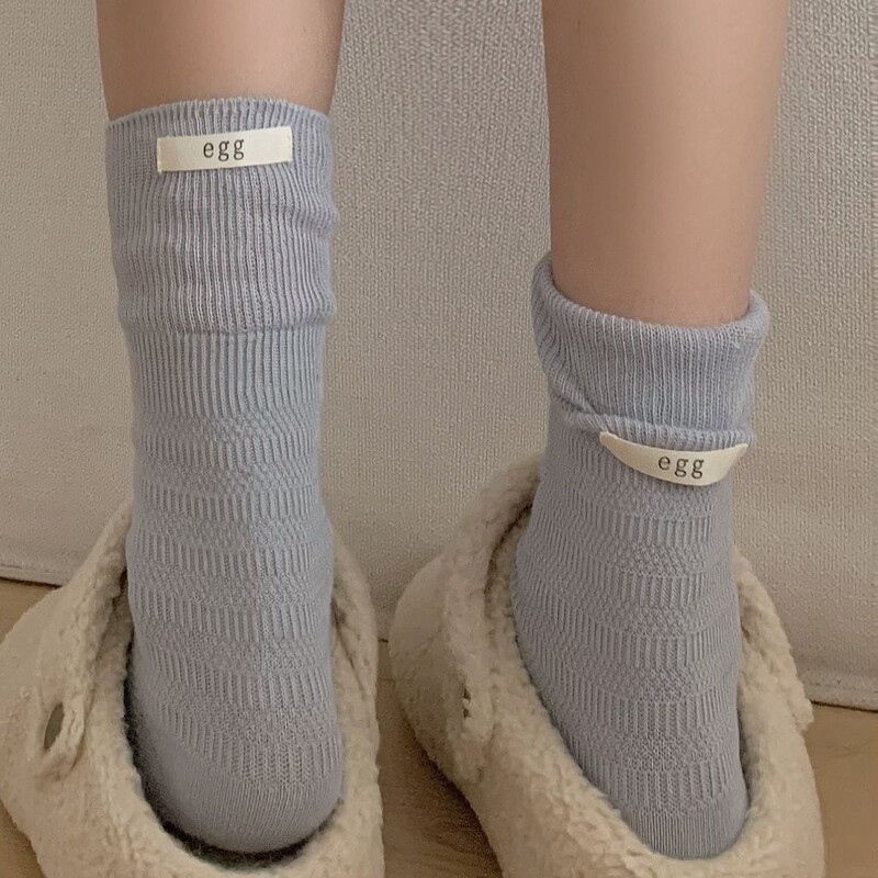 Loose Ribbed Egg Label Solid Color Mid-Calf Slouch Socks for Women, Suitable for Pairing with Small Leather Shoes, Japanese Style, Double Needle, Ins