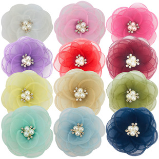 8cm New Korean Style Mesh Burned Edge Camellia Head Flower Corsage Shoe Bag Skirt Necklace Diy Accessories in stock Wholesale