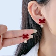 秋冬甜美丝绒蝴蝶结锆石银针耳环时尚网红气质高级复古蚊香盘耳夹