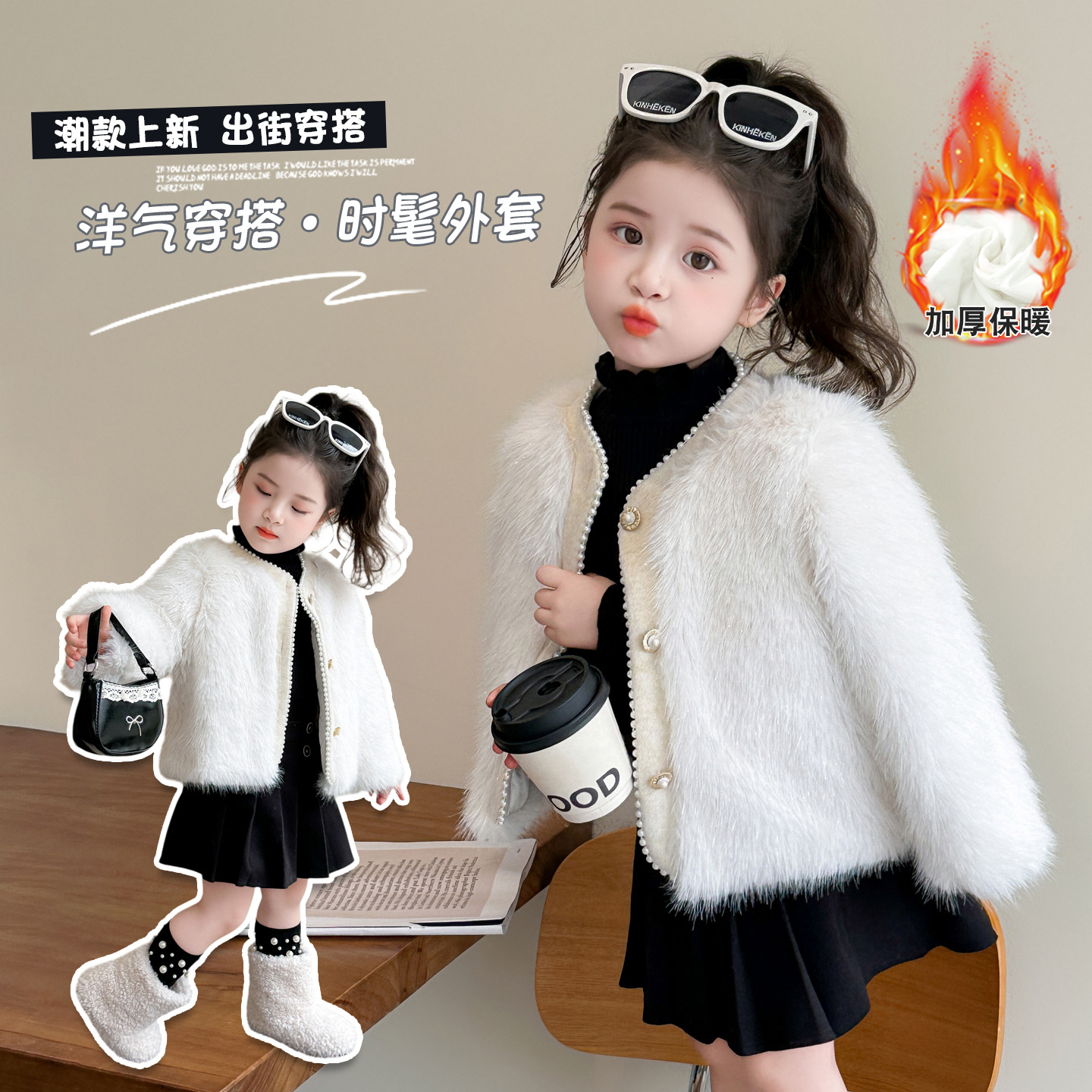 女童皮草外套冬季新款棉衣儿童保暖毛毛衣女孩夹棉加厚小香风上衣