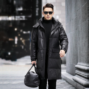 New Winter Leather down Jacket First Layer Goatskin Windbreaker Jacket Warm Extended Hooded Genuine Leather Jacket for Men Wholesale