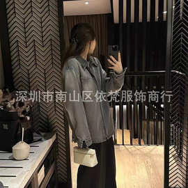 深圳南油高端女装欧美原单明星同款烟灰色洗水做旧时髦百搭衬衫女