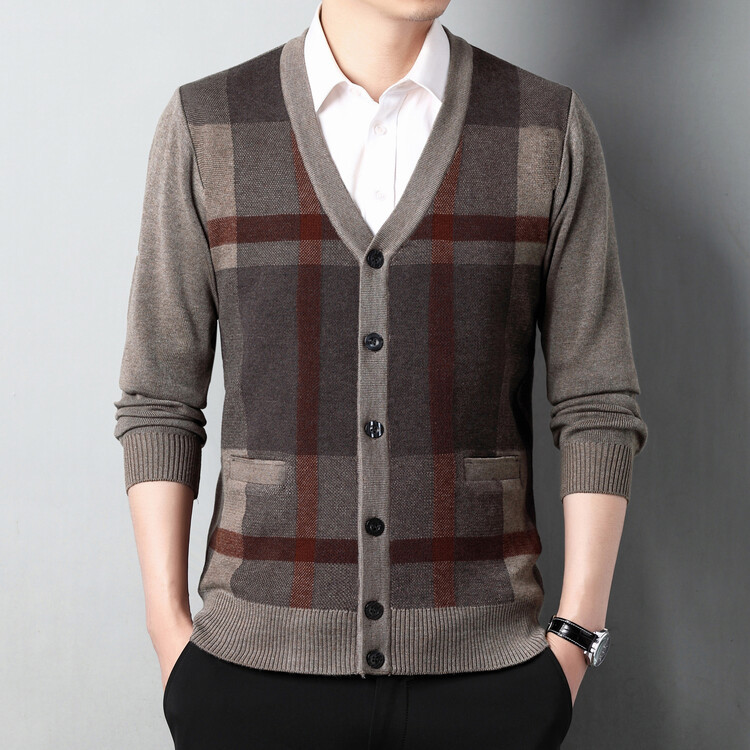 秋冬针织外套男式羊毛衫长袖开衫中年加厚保暖商务V领外套爸爸装