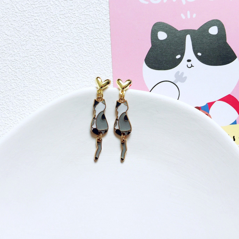 9g Weight Drop Earrings Classification 1 Pair Quantity Daily Occasion Alloy Material Cat Pattern Women'S Gender Enamel Design Cute Style Cute Cat Alloy Enamel Women's Drop Earrings 1 Pair 17