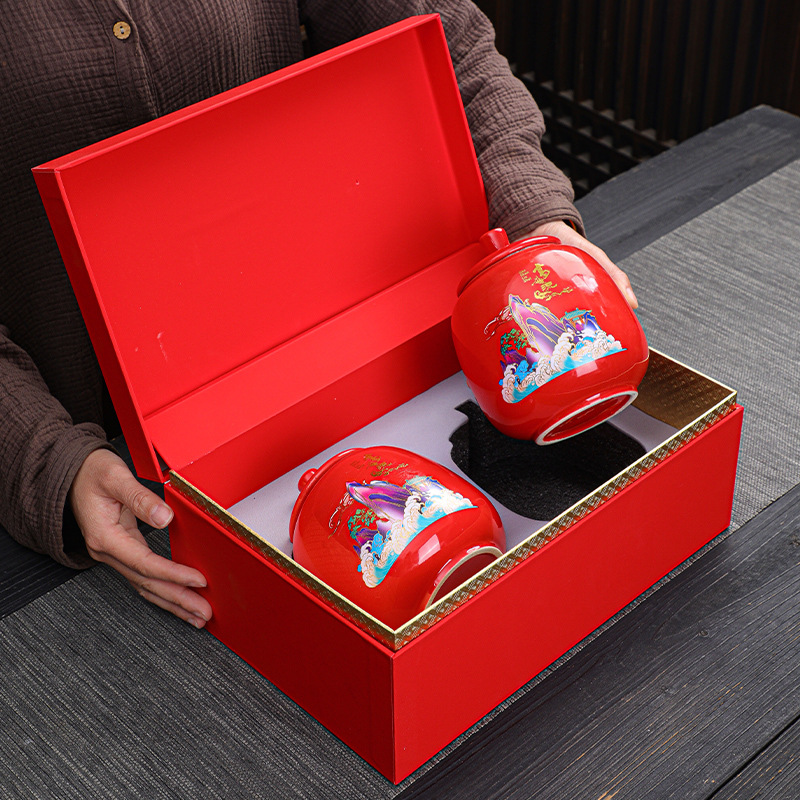 Mountain flowing water tea can gift box packaging large ceramic can black tea white tea Pu'er Longjing packaging box sealed can