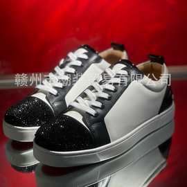 cl andgz男鞋黑白牛皮拼色鞋头烫钻低帮红底鞋水晶钻鞋女鞋板鞋