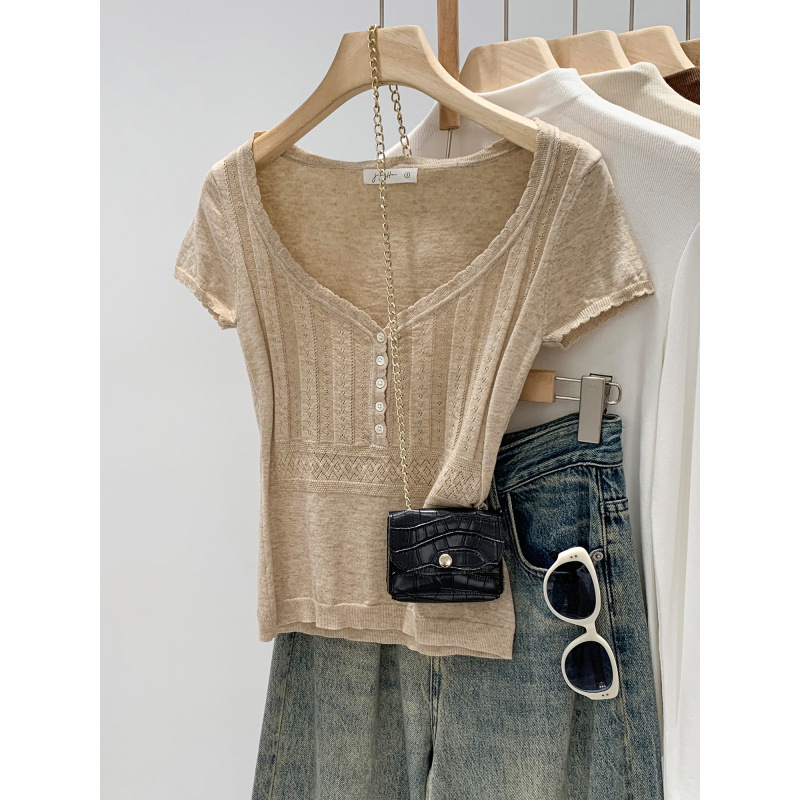 Beautiful Korean-Style V-Neck Buttoned Short-Sleeved Knitwear Summer 2026 New Style Hollow-Out Thin Slim-Fit Slimming Top for Women