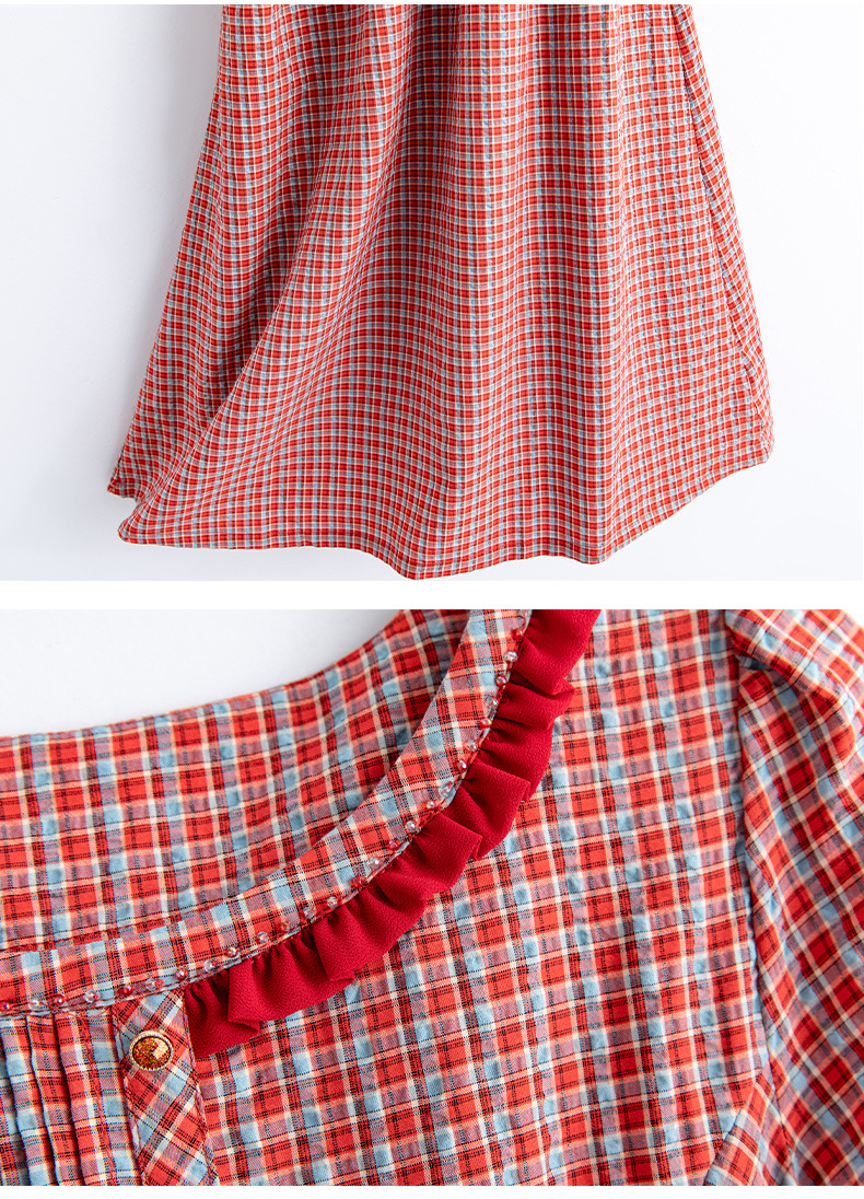 Đầm maxi nữ thắt eo cổ tròn họa tiết kẻ caro vintage — Màu ảnh chi tiết 19