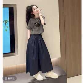 韩系女童卡通可爱休闲套装中大童夏季新款宽松气质阔腿裤两件套装