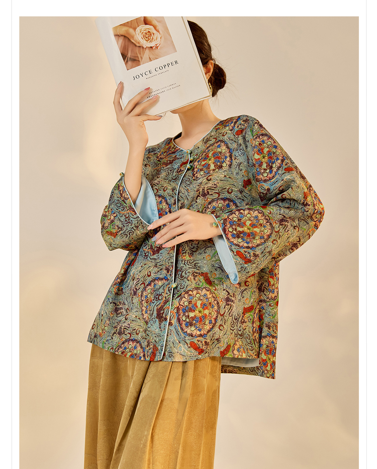 Áo khoác nữ phong cách Trung Hoa mới, cổ chéo, in thêu chỉ vàng, chất rayon cao cấp N8042 — màu xanh nhạt chi tiết 11