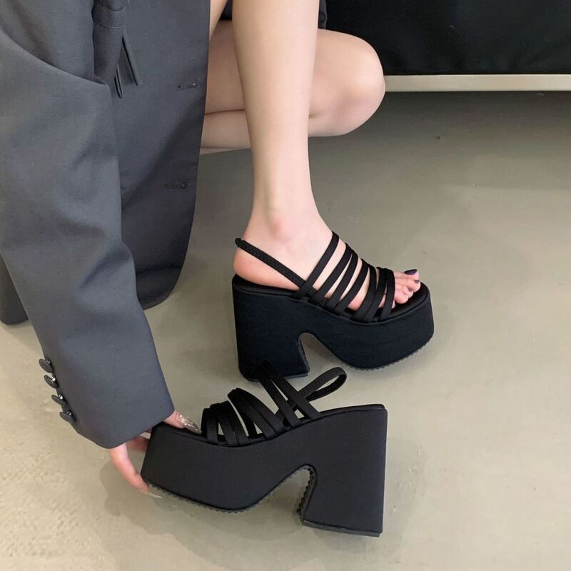 Wedge high-heeled shoes with 12CM waterproof platform, platform thick sole, thin strap peep-toe sandals, spring/summer style, height-increasing women's shoes for petite individuals
