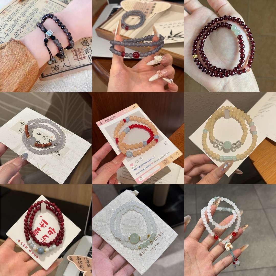 Chinese-style national charm smoky purple-grey double-ring beaded bracelet, vintage high-appearance value friendship bracelet, good luck and versatile elegant hand accessory