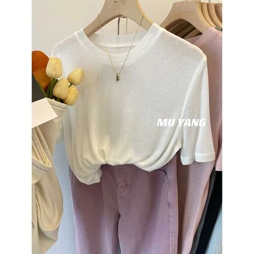 High-quality heavy industry pure color short-sleeved women's summer Korean-style meat-hiding round neck turtleneck basic design fashionable top