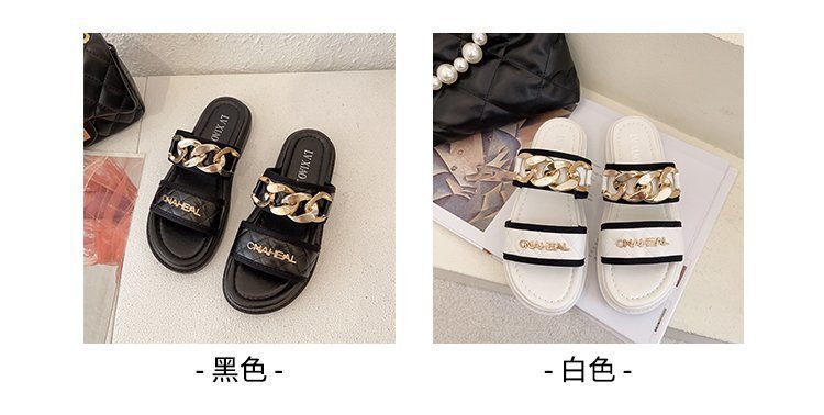 Damen-Oberbekleidung, Keilabsätze, Influencer-Intrend-Sandalen, 2021 neuer Mode-Tanga mit Metallkette und dicker Sohle_voghion.com