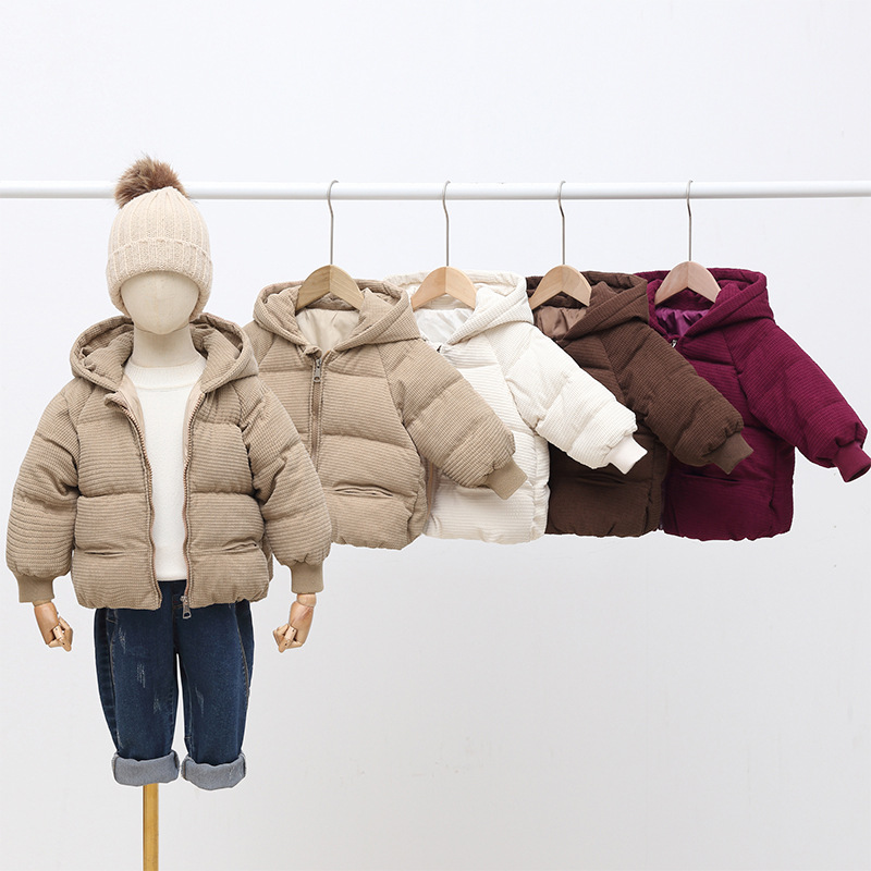 跨境新款儿童棉服秋冬季中小童纯色连帽外套宝宝灯芯绒棉衣